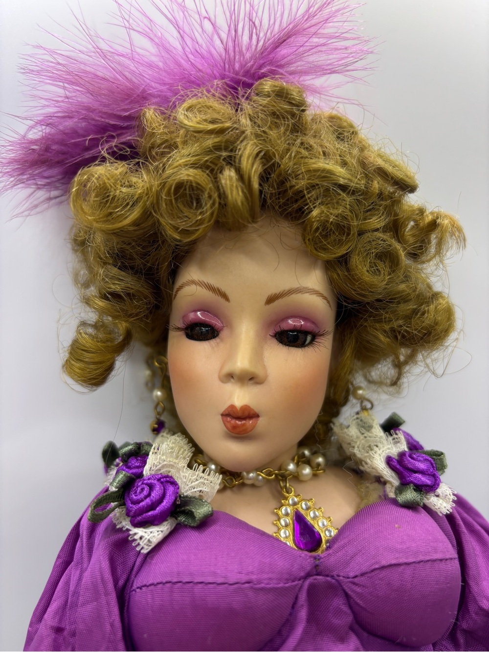 19” Porcelain Doll “Rose” in Purple White Feather Headpiece. “Women of the West”